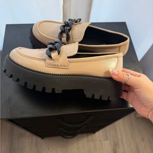 Chunky Platform Loafers in Taupe with Black Chain Detail